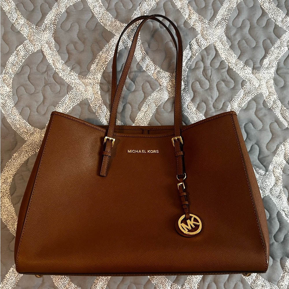 Michael Kors Chocolate Brown Saffiano Tote with Gold Charm